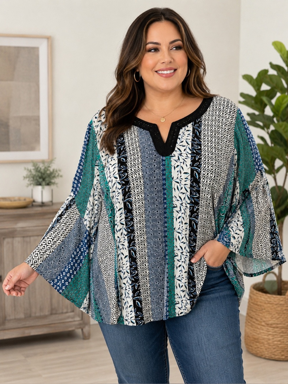 Zac & Rachel Woman Boho Patchwork Bell Sleeve Blouse Top 3X